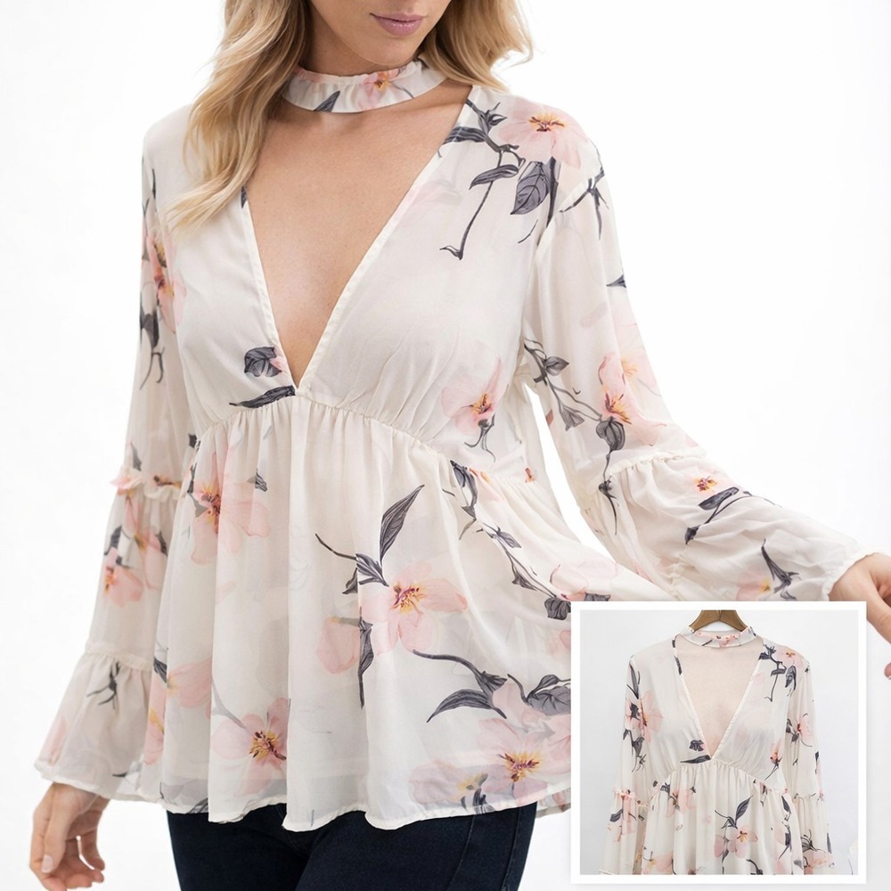 Audrey 3+1 Peplum Blouse Choker Sheer Chiffon Bell Sleeve Boho Floral M